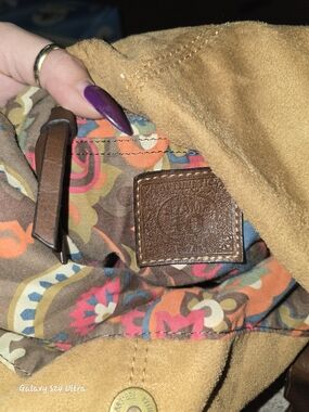 Suede Handbag with Multicolor Floral Interior